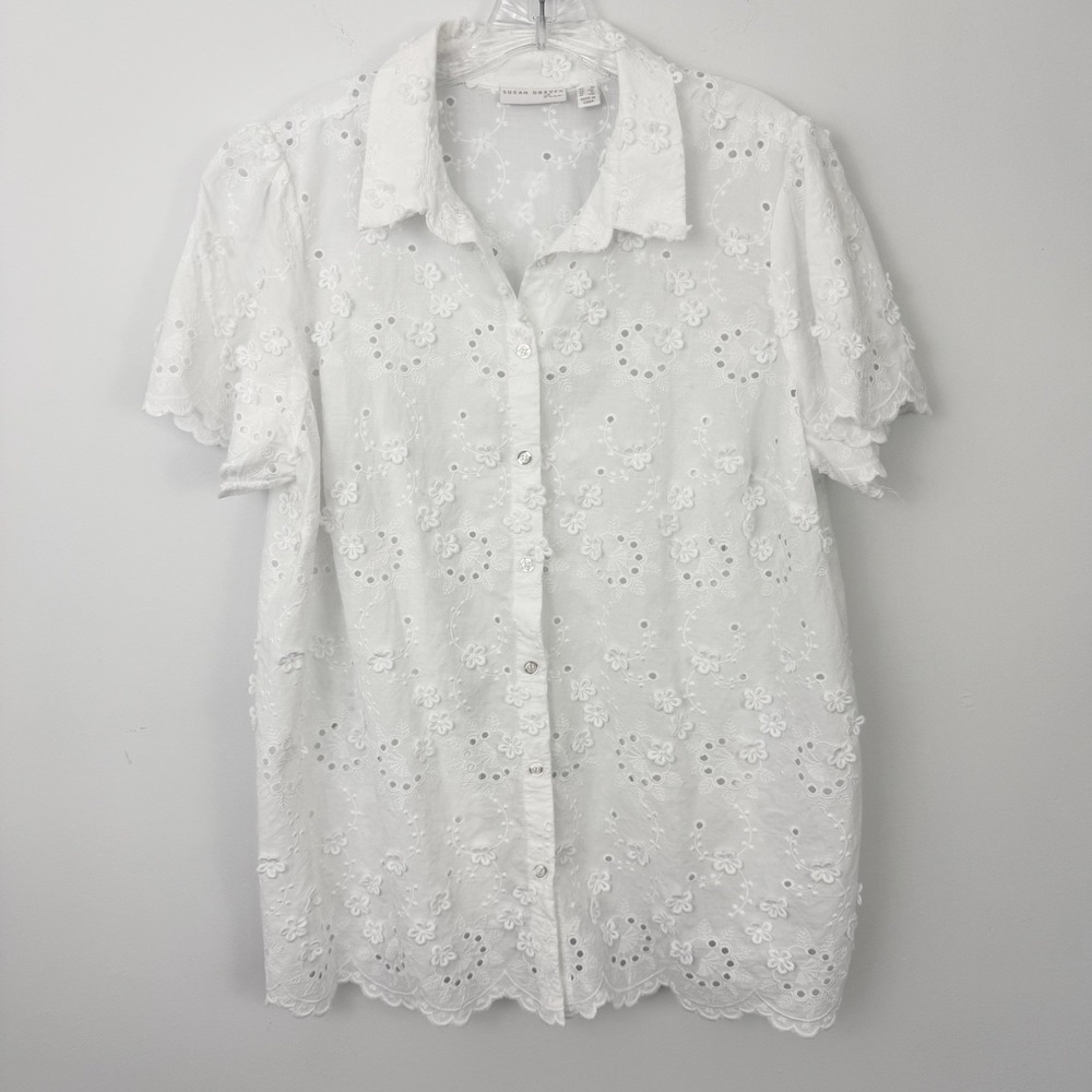 SUSAN GRAVER Pure Eyelet Applique 3D Button Front SHIRT Top 1X White Lace - Picture 2 of 14